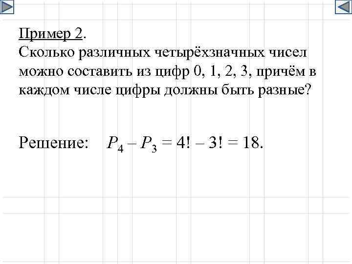 Пример 2. Сколько различных четырёхзначных чисел можно составить из цифр 0, 1, 2, 3,