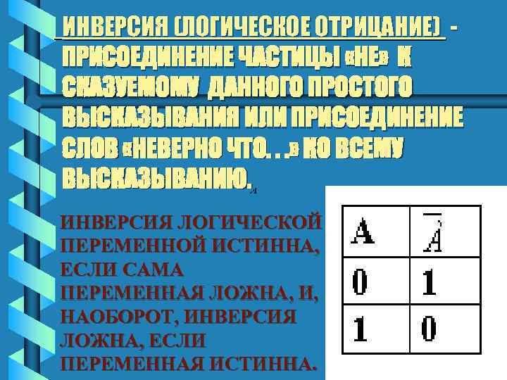 ИНВЕРСИЯ (ЛОГИЧЕСКОЕ ОТРИЦАНИЕ) ПРИСОЕДИНЕНИЕ ЧАСТИЦЫ «НЕ» К СКАЗУЕМОМУ ДАННОГО ПРОСТОГО ВЫСКАЗЫВАНИЯ ИЛИ ПРИСОЕДИНЕНИЕ СЛОВ