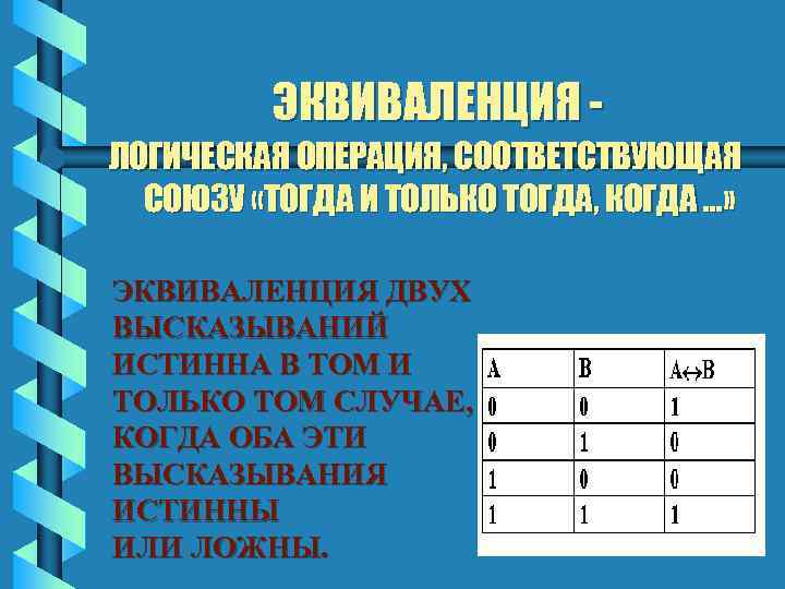ЭКВИВАЛЕНЦИЯ ЛОГИЧЕСКАЯ ОПЕРАЦИЯ, СООТВЕТСТВУЮЩАЯ СОЮЗУ «ТОГДА И ТОЛЬКО ТОГДА, КОГДА …» ЭКВИВАЛЕНЦИЯ ДВУХ ВЫСКАЗЫВАНИЙ