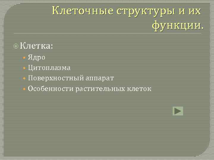 Клеточные структуры и их функции. Клетка: • • Ядро Цитоплазма Поверхностный аппарат Особенности растительных