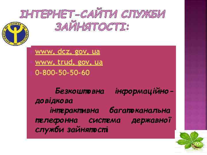 ІНТЕРНЕТ-САЙТИ СЛУЖБИ ЗАЙНЯТОСТІ: www. dcz. gov. ua www. trud. gov. ua 0 -800 -50