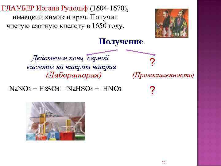 ГЛАУБЕР Иоганн Рудольф (1604 -1670), немецкий химик и врач. Получил чистую азотную кислоту в