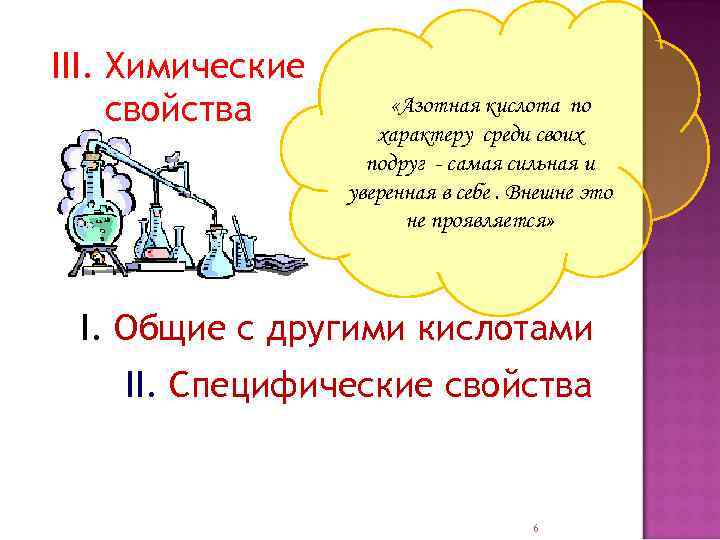 III. Химические свойства «Азотная кислота по характеру среди своих подруг - самая сильная и