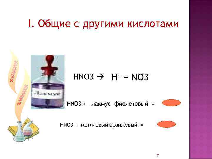 I. Общие с другими кислотами НNO 3 H+ + NO 3 НNO 3 +