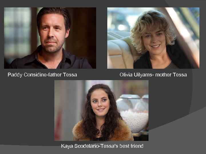 Paddy Considine-father Tessa Olivia Uilyams- mother Tessa Kaya Scodelario-Tessa's best friend 