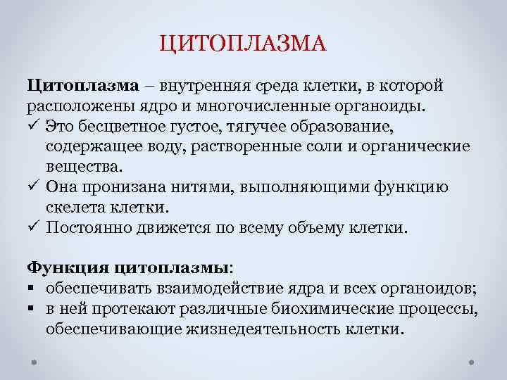 ЦИТОПЛАЗМА Цитоплазма – внутренняя среда клетки, в которой расположены ядро и многочисленные органоиды. ü