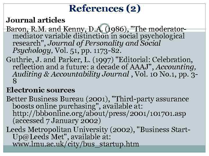 References (2) Journal articles Baron, R. M. and Kenny, D. A. (1986), 