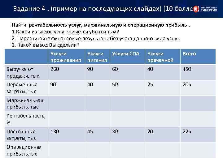 Задание 4. (пример на последующих слайдах) (10 баллов) Найти рентабельность услуг, маржинальную и операционную