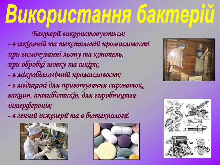 Бактерії використовуються: - в шкіряній та текстильній промисловості при вимочуванні льону та конопель, при