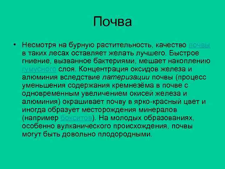 Почва • Несмотря на бурную растительность, качество почвы в таких лесах оставляет желать лучшего.