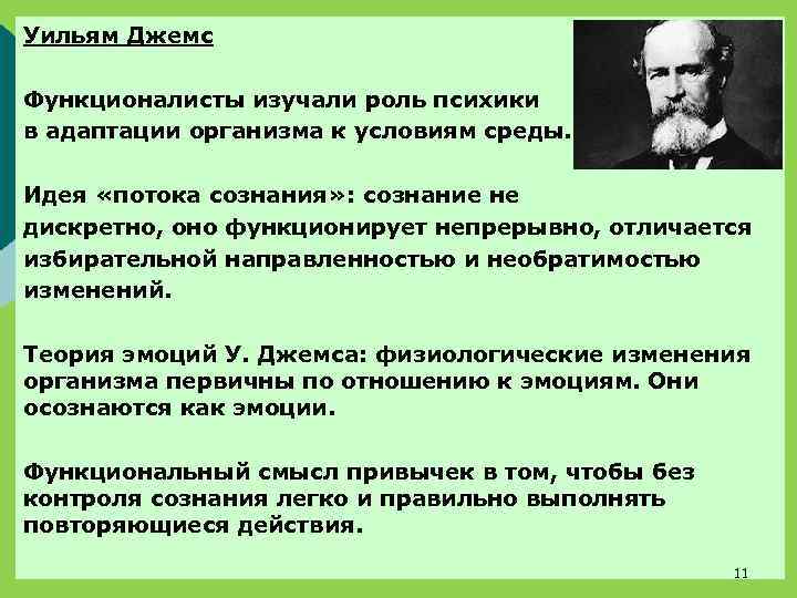 Уильям Джемс Функционалисты изучали роль психики в адаптации организма к условиям среды. Идея «потока