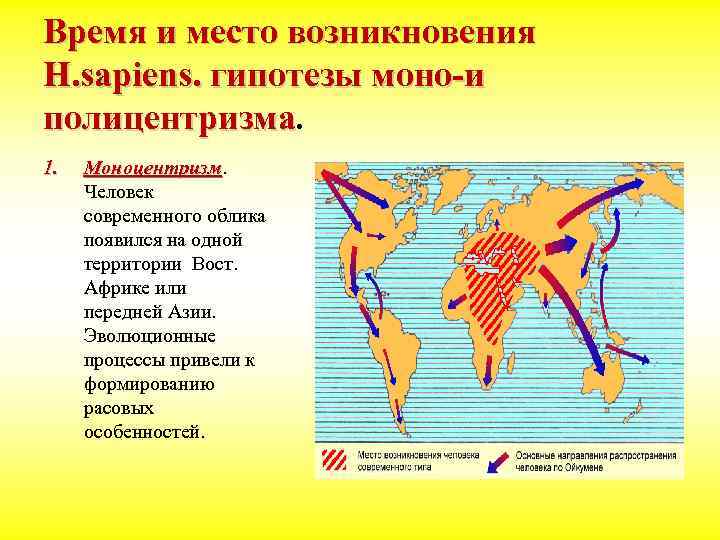 Место возникновения. Гипотеза моноцентризма и полицентризма. Место происхождения человечества. Схема полицентрического возникновения рас. Место возникновения человека.