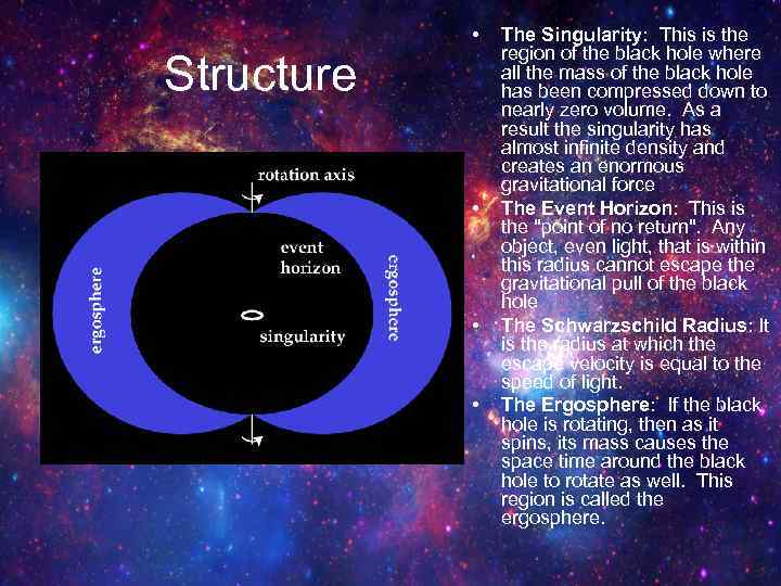  • Structure • • • The Singularity: This is the region of the