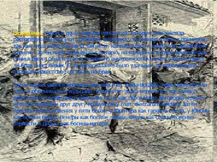 Церемония. Утром в день свадьбы процессия, которую возглавляла распорядительница (лат. pronuba), женщина, служившая невесте