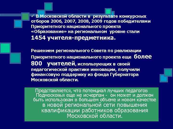 ü В Московской области в результате конкурсных отборов 2006, 2007, 2008, 2009 годов победителями