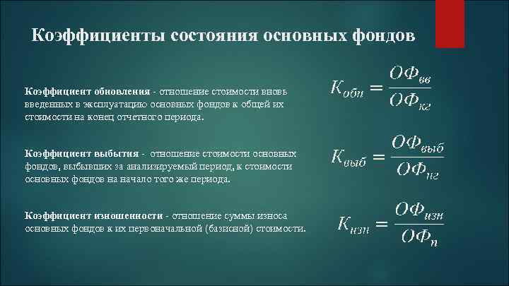 Коэффициенты состояния основных фондов Коэффициент обновления - отношение стоимости вновь введенных в эксплуатацию основных