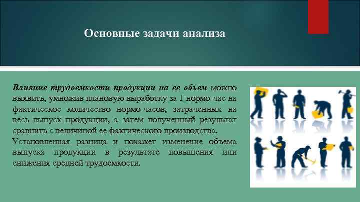 Основные задачи анализа Влияние трудоемкости продукции на ее объем можно выявить, умножив плановую выработку