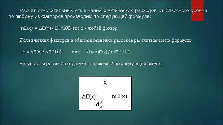 Расчет относительных отклонений фактических расходов от базисного уровня по любому из факторов производим по