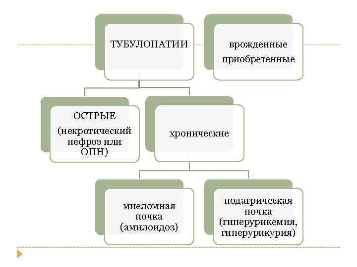 ТУБУЛОПАТИИ врожденные приобретенные ОСТРЫЕ (некротический нефроз или ОПН) хронические миеломная почка (амилоидоз) подагрическая почка