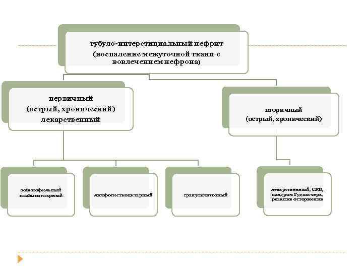 тубуло-интерстициальный нефрит (воспаление межуточной ткани с вовлечением нефрона) первичный (острый, хронический) лекарственный эозинофильный плазмоцитарный
