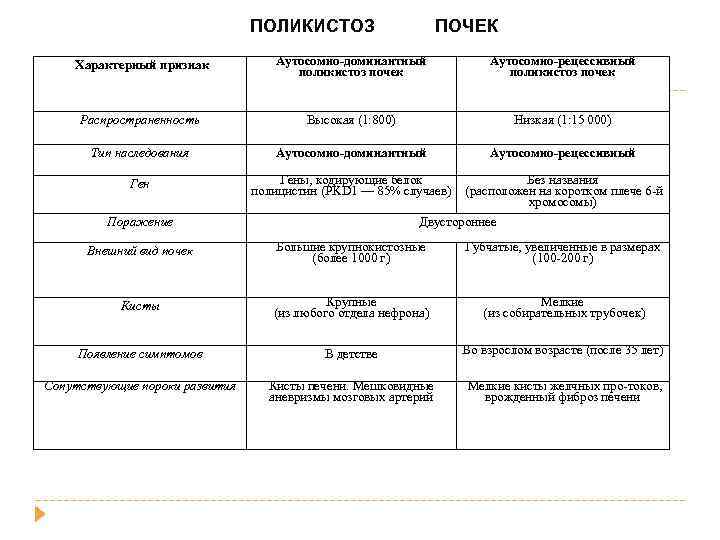 ПОЛИКИСТОЗ ПОЧЕК Характерный признак Аутосомно-доминантный поликистоз почек Аутосомно-рецессивный поликистоз почек Распространенность Высокая (1: 800)