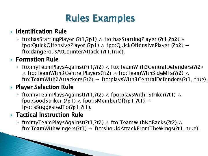 Rules Examples Identification Rule ◦ fto: has. Starting. Player (? t 1, ? p