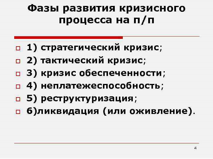 Фазы развития кризисного процесса на п/п o o o 1) стратегический кризис; 2) тактический