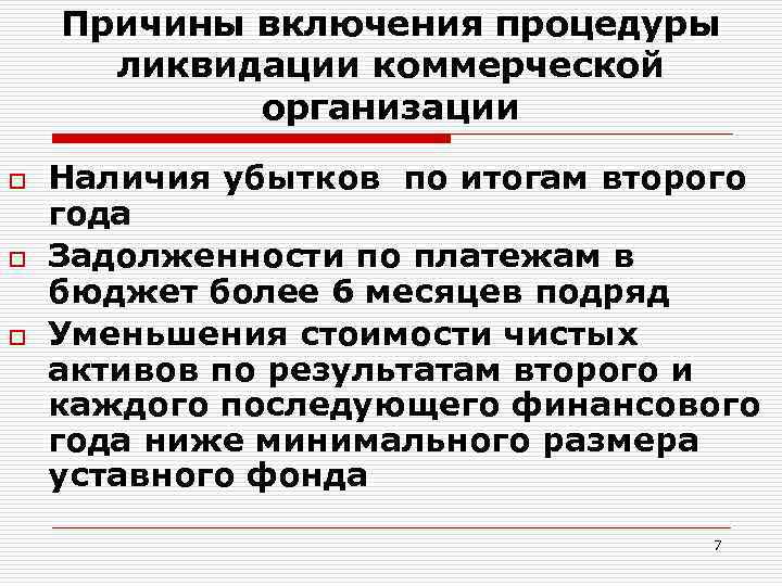 Причины включения процедуры ликвидации коммерческой организации o o o Наличия убытков по итогам второго