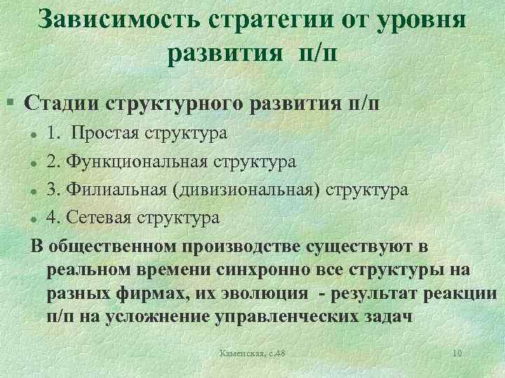 Зависимость стратегии от уровня развития п/п § Стадии структурного развития п/п 1. Простая структура