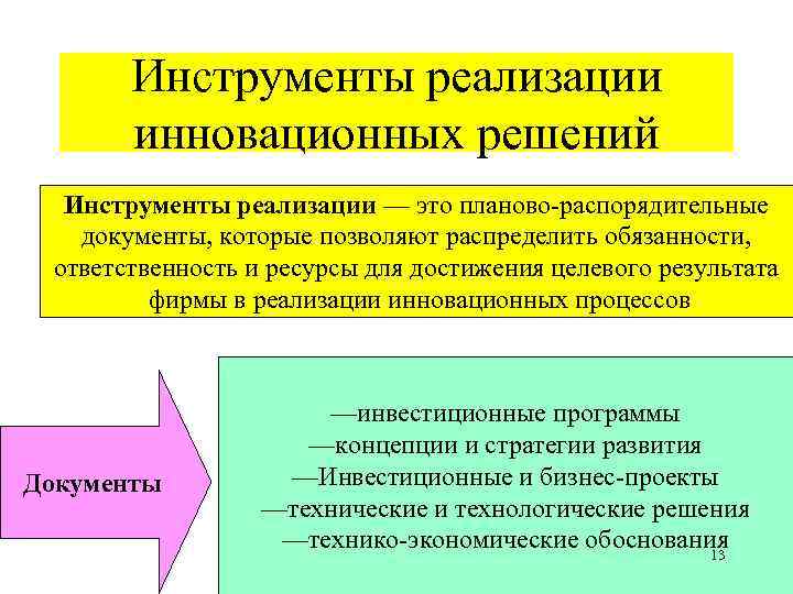 Инструменты реализации инновационных решений Инструменты реализации — это планово-распорядительные документы, которые позволяют распределить обязанности,