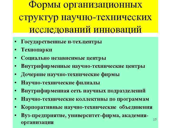 Формы организационных структур научно-технических исследований инноваций • • • Государственные н-тех. центры Технопарки Социально