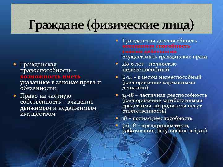 Граждане (физические лица) Гражданская дееспособность – Гражданская правоспособность – возможность иметь указанные в законах