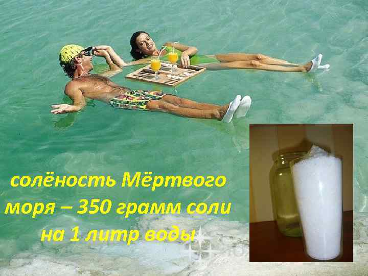 солёность Мёртвого моря – 350 грамм соли на 1 литр воды 