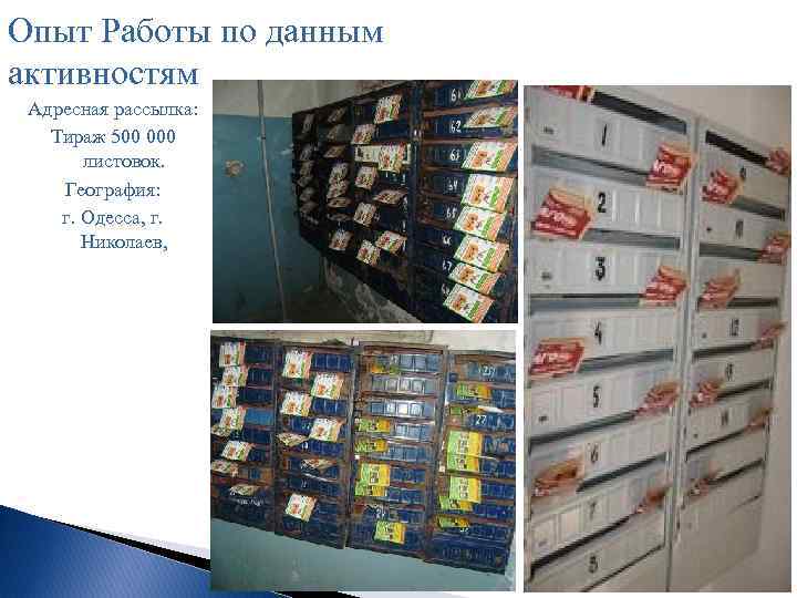 Опыт Работы по данным активностям Адресная рассылка: Тираж 500 000 листовок. География: г. Одесса,