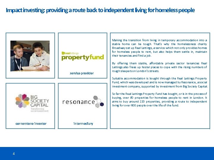 Impact investing: providing a route back to independent living for homeless people Making the