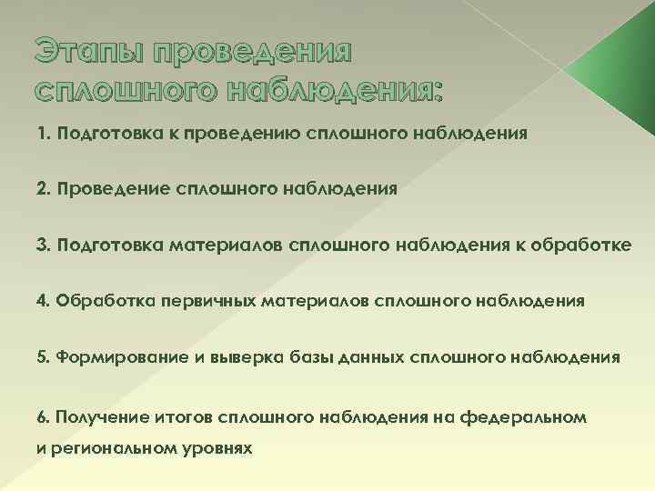 Этапы проведения сплошного наблюдения: 1. Подготовка к проведению сплошного наблюдения 2. Проведение сплошного наблюдения