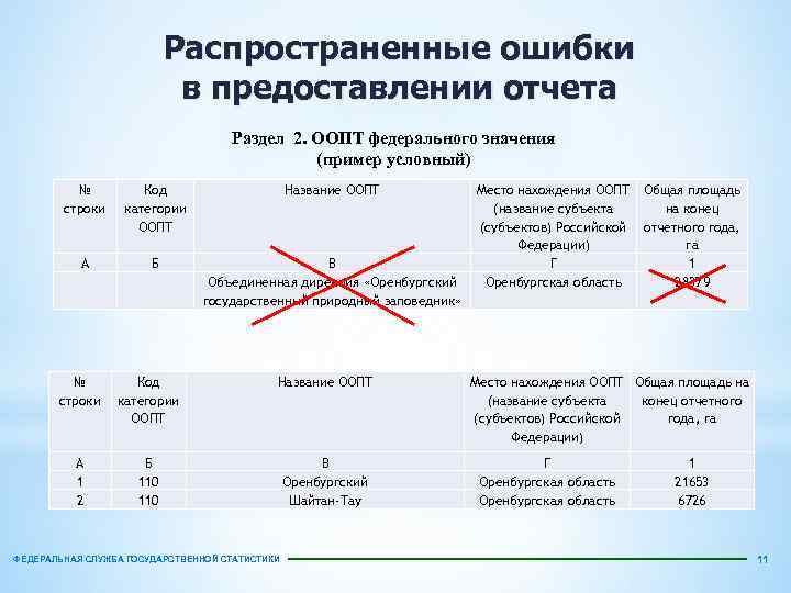 Распространенные ошибки в предоставлении отчета Раздел 2. ООПТ федерального значения (пример условный) № строки