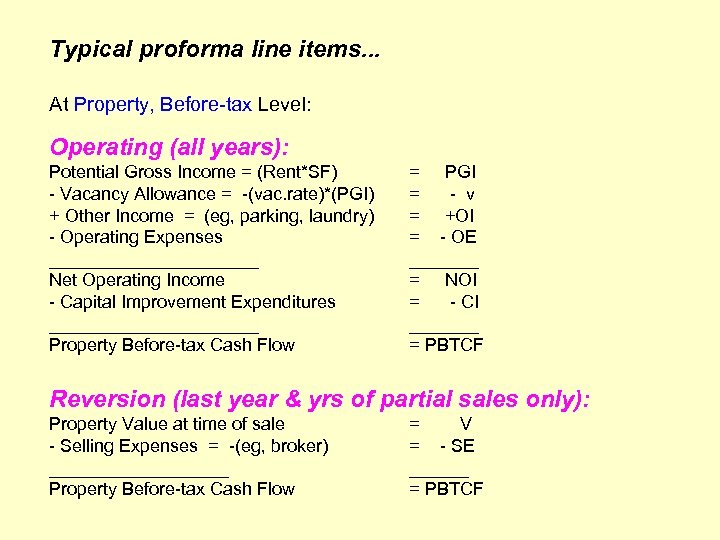 Typical proforma line items. . . At Property, Before-tax Level: Operating (all years): Potential