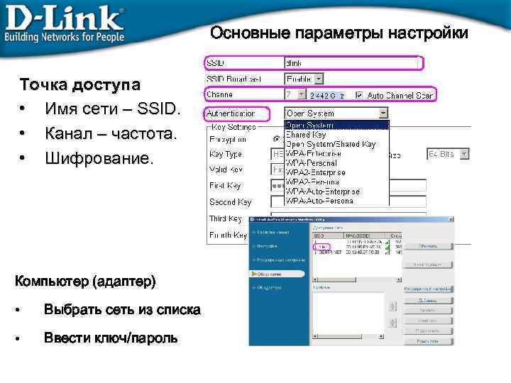 Основные параметры настройки Точка доступа • Имя сети – SSID. • Канал – частота.