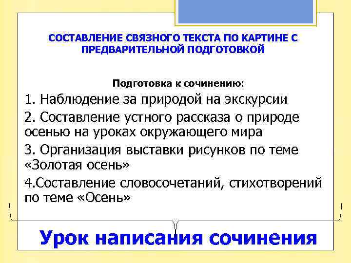 СОСТАВЛЕНИЕ СВЯЗНОГО ТЕКСТА ПО КАРТИНЕ С ПРЕДВАРИТЕЛЬНОЙ ПОДГОТОВКОЙ Подготовка к сочинению: 1. Наблюдение за