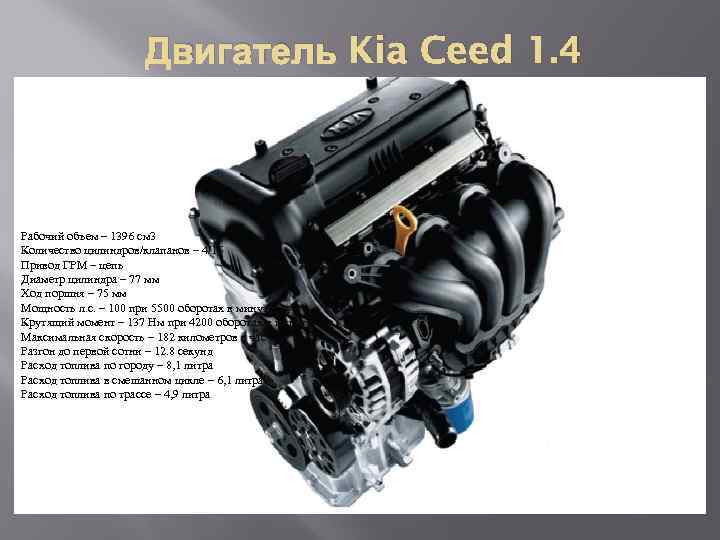 Двигатель Kia Ceed 1. 4 Рабочий объем – 1396 см 3 Количество цилиндров/клапанов –