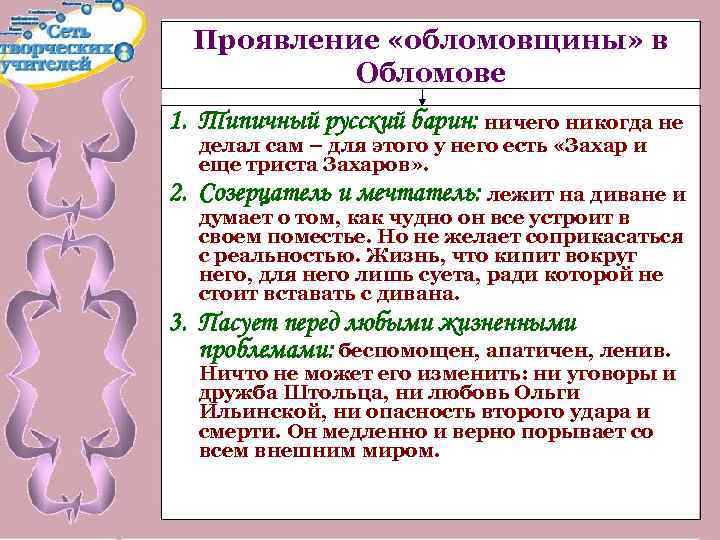 Проявление «обломовщины» в Обломове 1. Типичный русский барин: ничего никогда не 2. делал сам