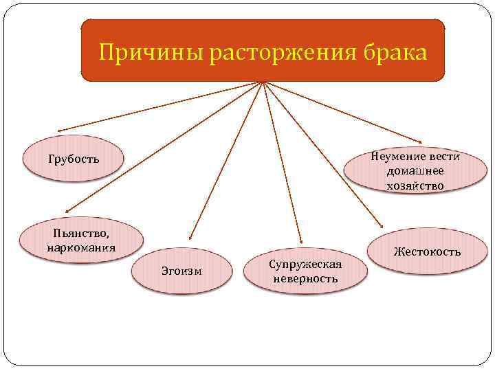 Причины расторжения брака Неумение вести домашнее хозяйство Грубость Пьянство, наркомания Эгоизм Супружеская неверность Жестокость