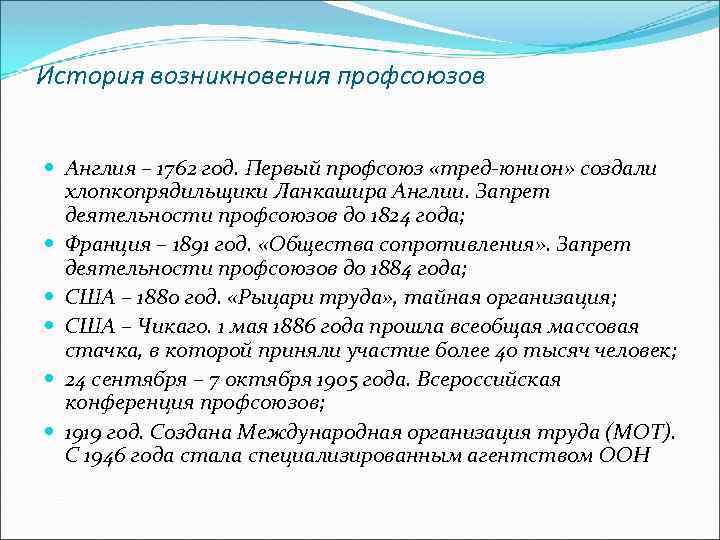 Участие несовершеннолетних в трудовой деятельности. Профсоюзы история возникновения. Причины возникновения профсоюзов. Появление профсоюзов в России.