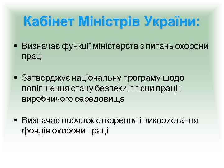 Кабінет Міністрів України: § Визначає функції міністерств з питань охорони праці § Затверджує національну