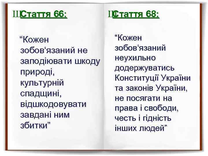 ШСтаття 66: “Кожен зобов‘язаний не заподіювати шкоду природі, культурній спадщині, відшкодовувати завдані ним збитки”