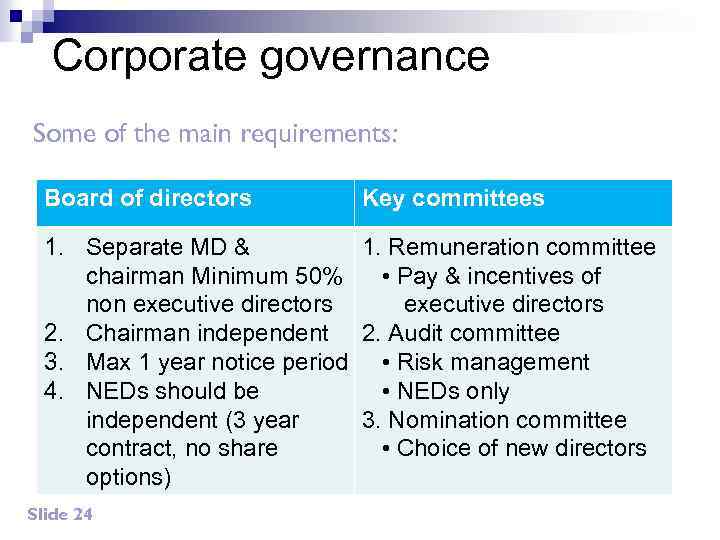Corporate governance Some of the main requirements: Board of directors Key committees 1. Separate