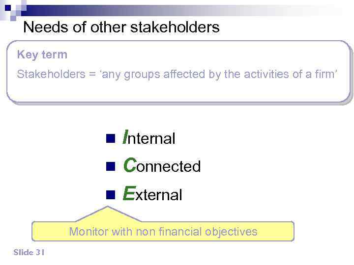 Needs of other stakeholders Key term Stakeholders = ‘any groups affected by the activities