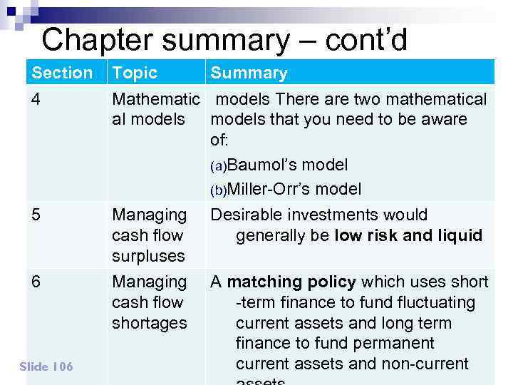 Chapter summary – cont’d Section Topic 4 Mathematic models There are two mathematical al