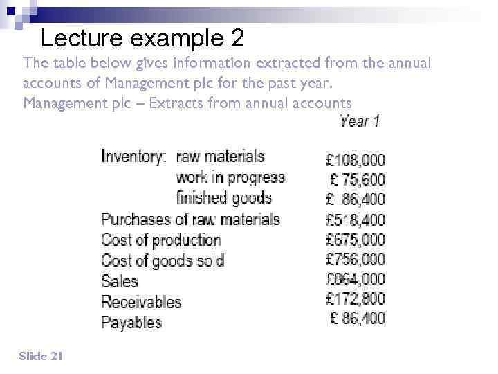 Lecture example 2 The table below gives information extracted from the annual accounts of